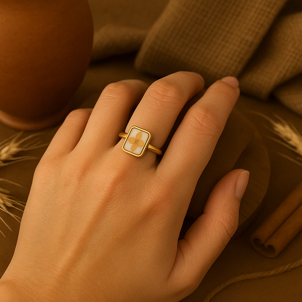 Beige Hydrangea Rectangle Ring – Peace & Healing