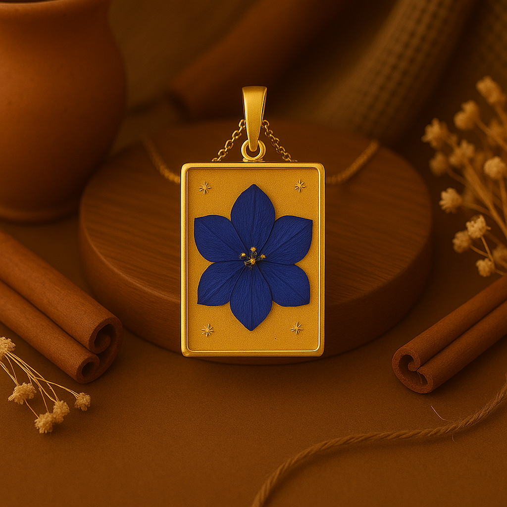 Blue Larkspur Rectangle Pendant – Bright & Authentic