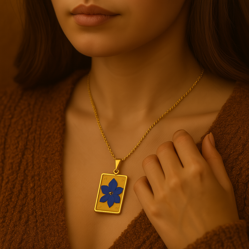 Blue Larkspur Rectangle Pendant – Bright & Authentic